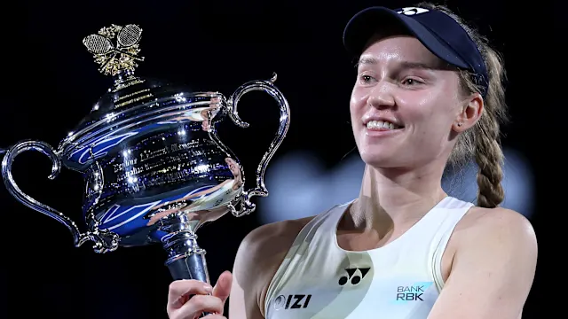 Elena Rybakina celebrates with trophy after winning Australian Open championship match