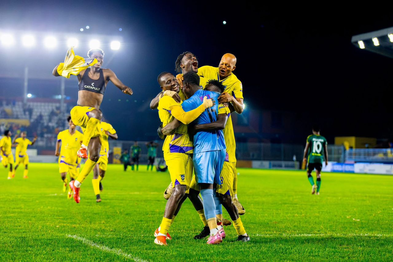 Medeama SC players celebrating penalty shootout victory advancing to FA Cup quarterfinals in Ghana