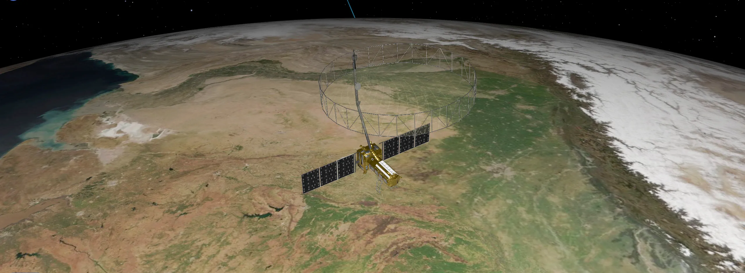 Small satellite orbiting Earth with farmland and forests visible below