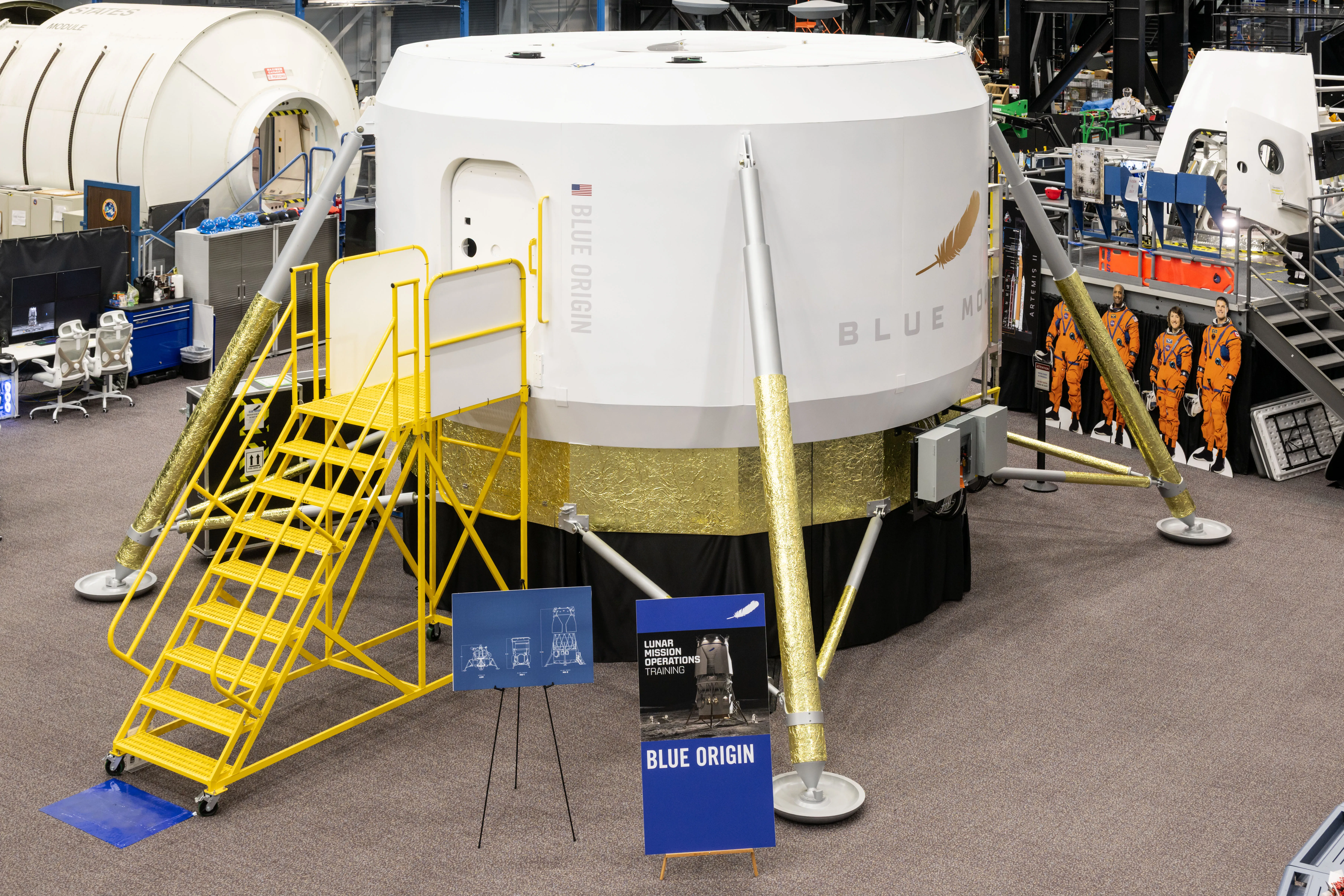 Full-scale Blue Moon lunar lander crew cabin prototype standing 15 feet tall inside NASA facility