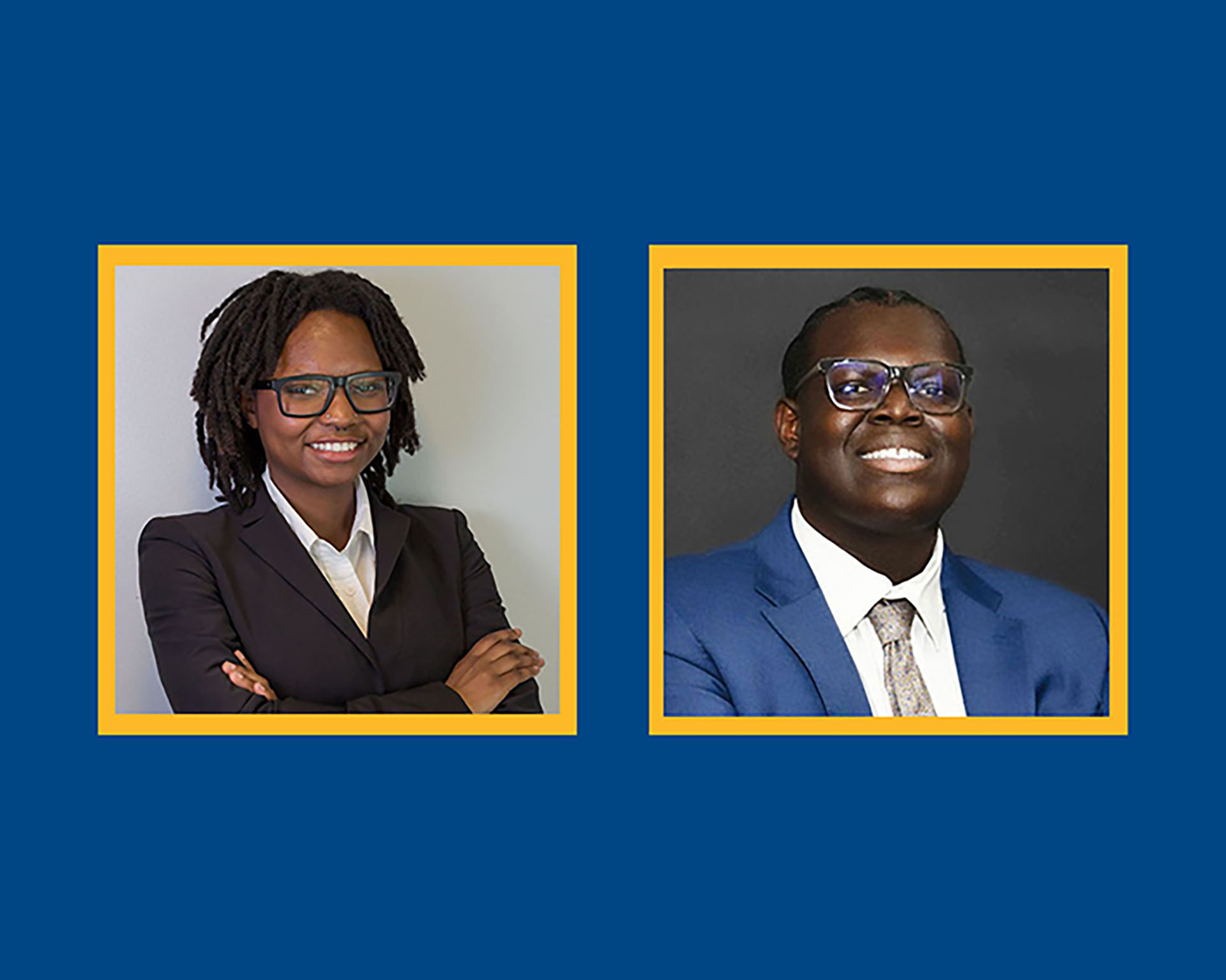 Victoria Little and Avery Love, NC A&T students, smiling in formal attire
