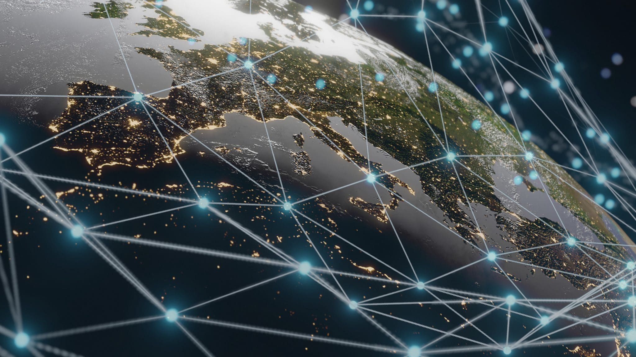 Satellite orbiting Earth against starry space background with communication signals connecting to ground