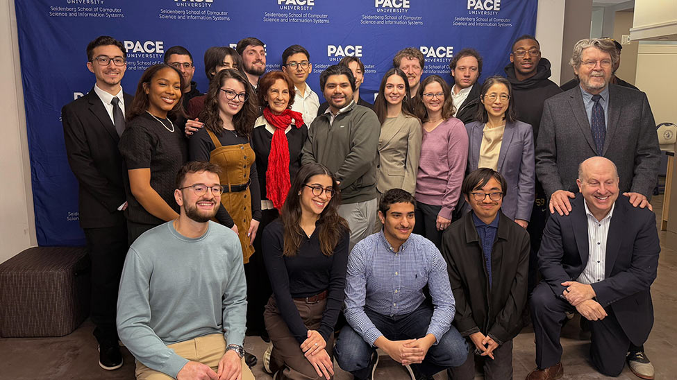 Three Pace University students Silas Gonzalez, Lizi Imedashvili, and Victor Lima standing together on campus