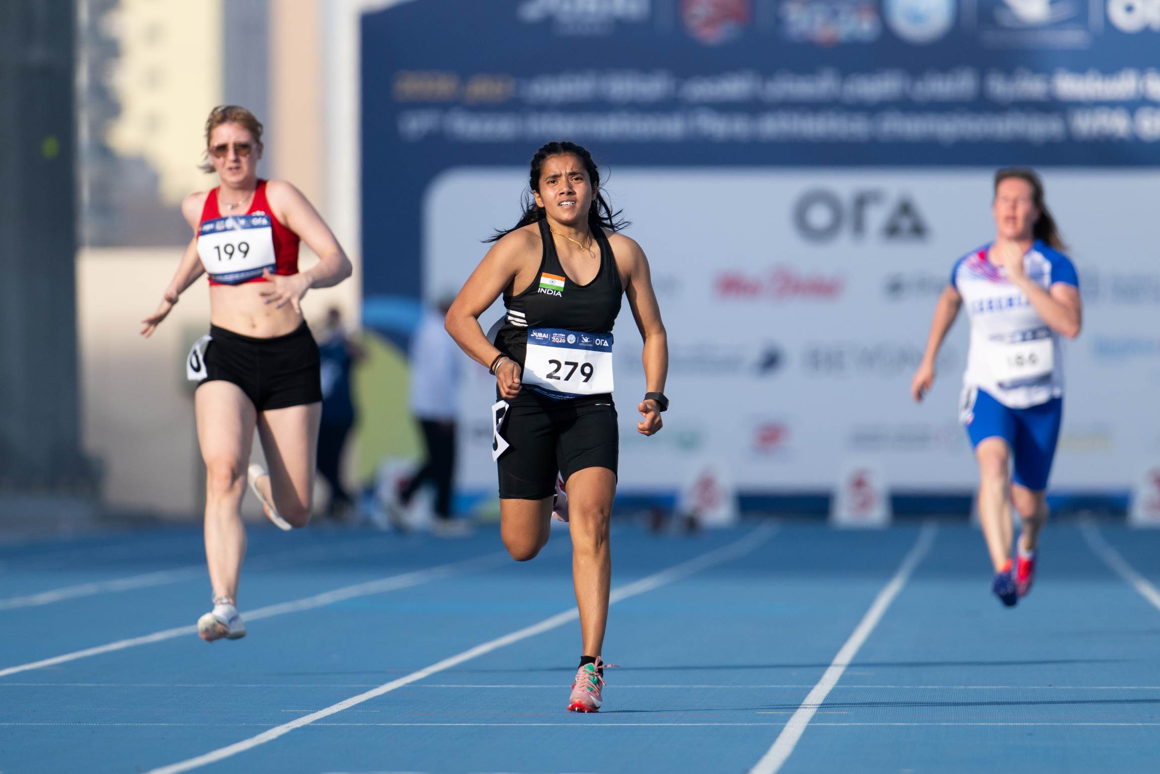 India's Preeti Pal racing in women's 100m T35 final at Dubai para athletics competition