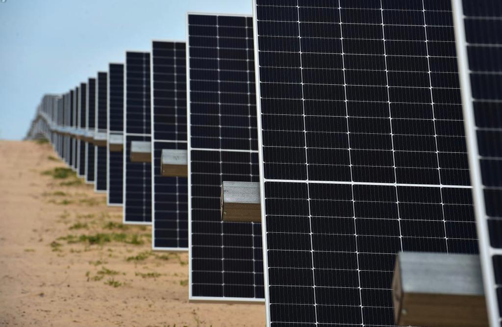 Rows of blue solar panels stretching across desert landscape under bright Mexican sun