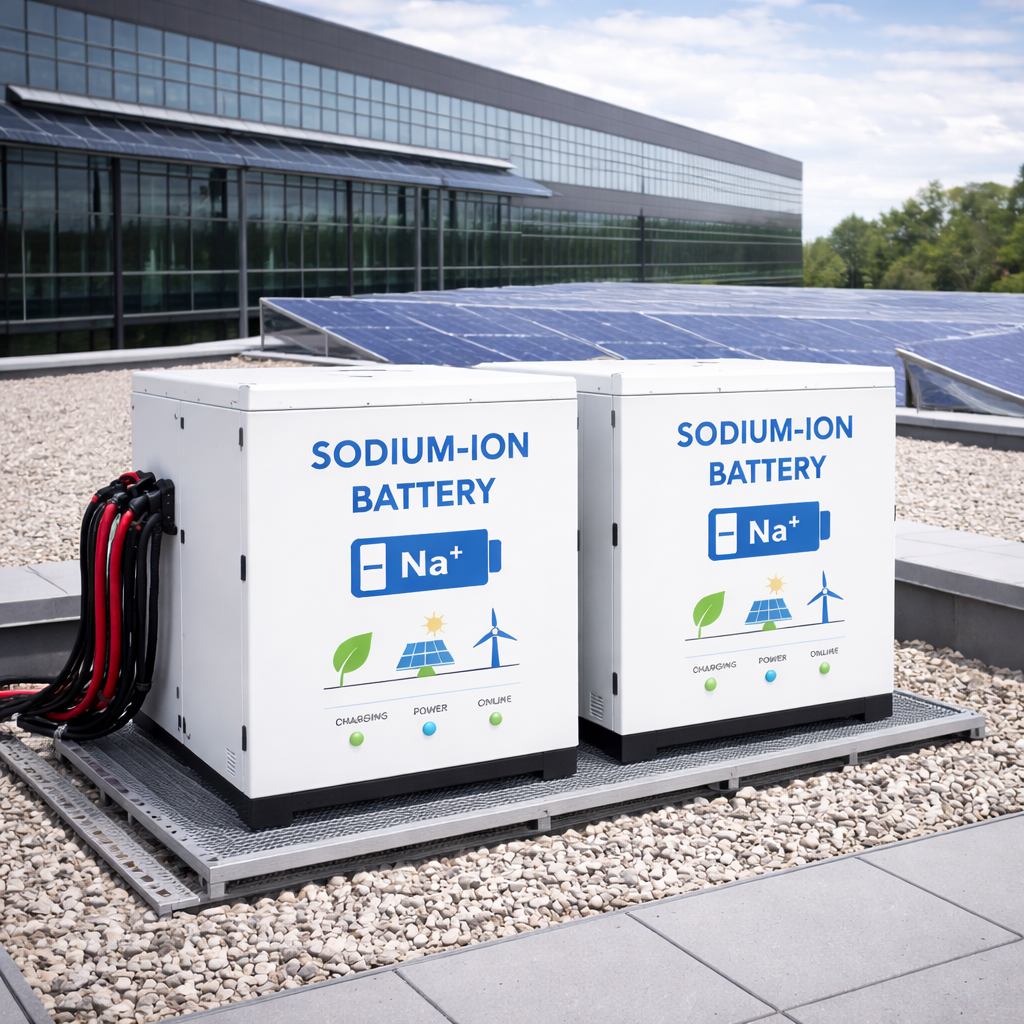 Rows of large sodium-ion battery storage units at renewable energy facility