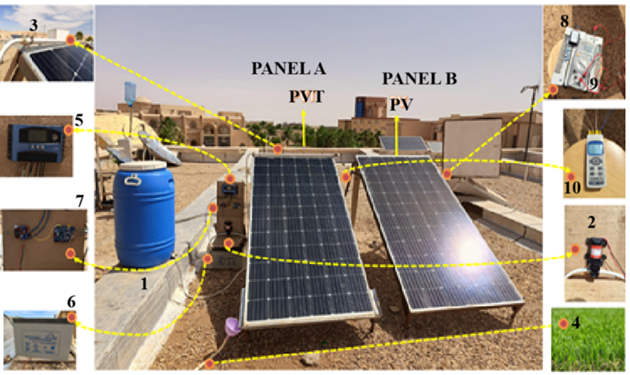 Solar panels with water spray mist cooling system in desert environment under bright sun