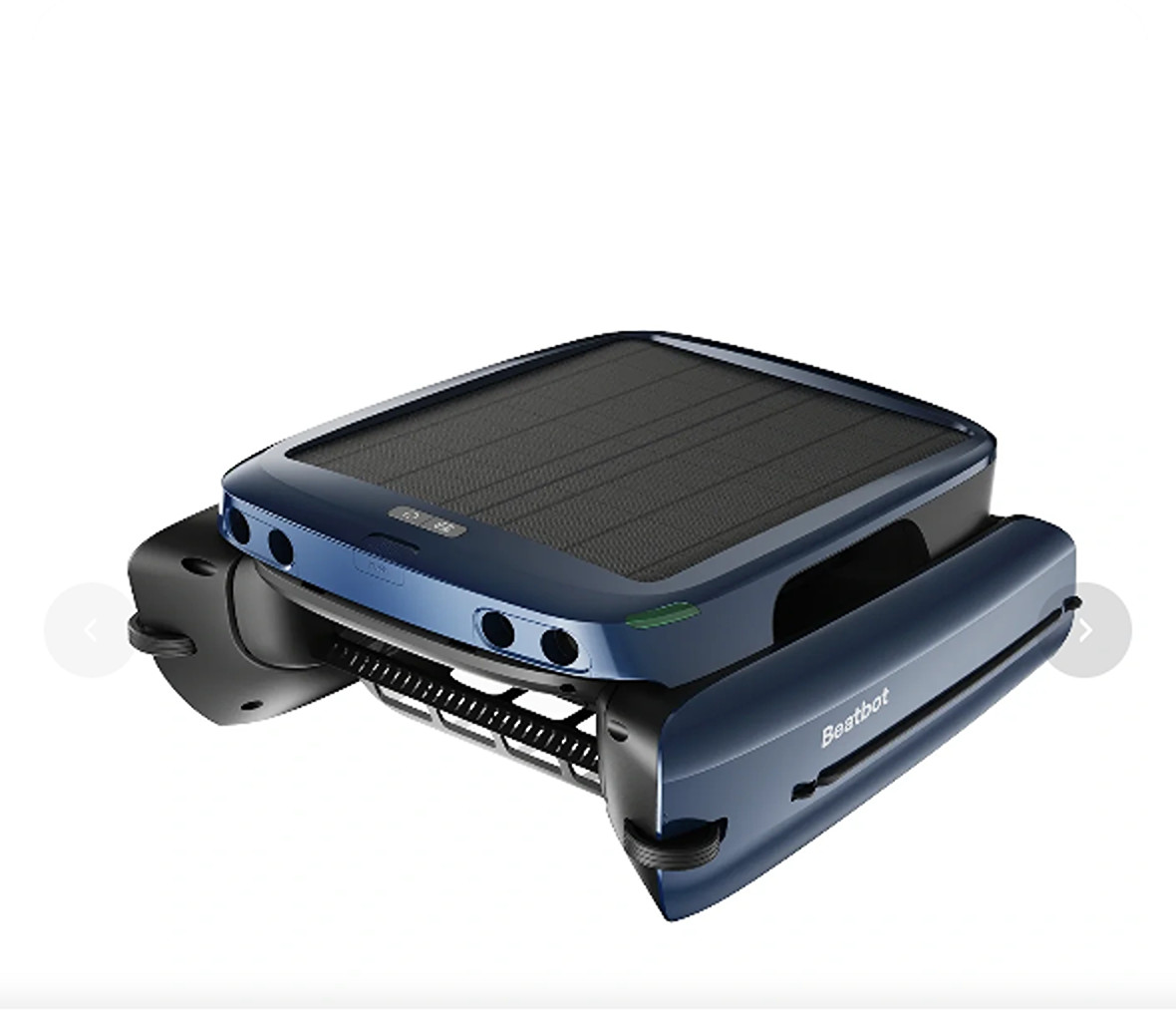 Solar-powered autonomous pool skimmer robot floating on clear blue pool water collecting debris