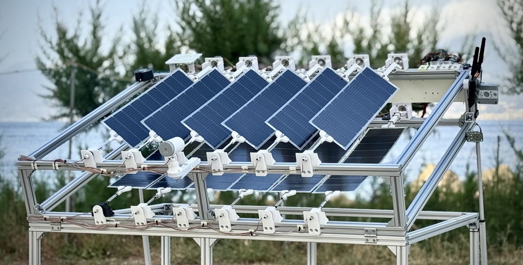 Two-layer solar panel system with stacked rotating panels capturing sunlight in Italy