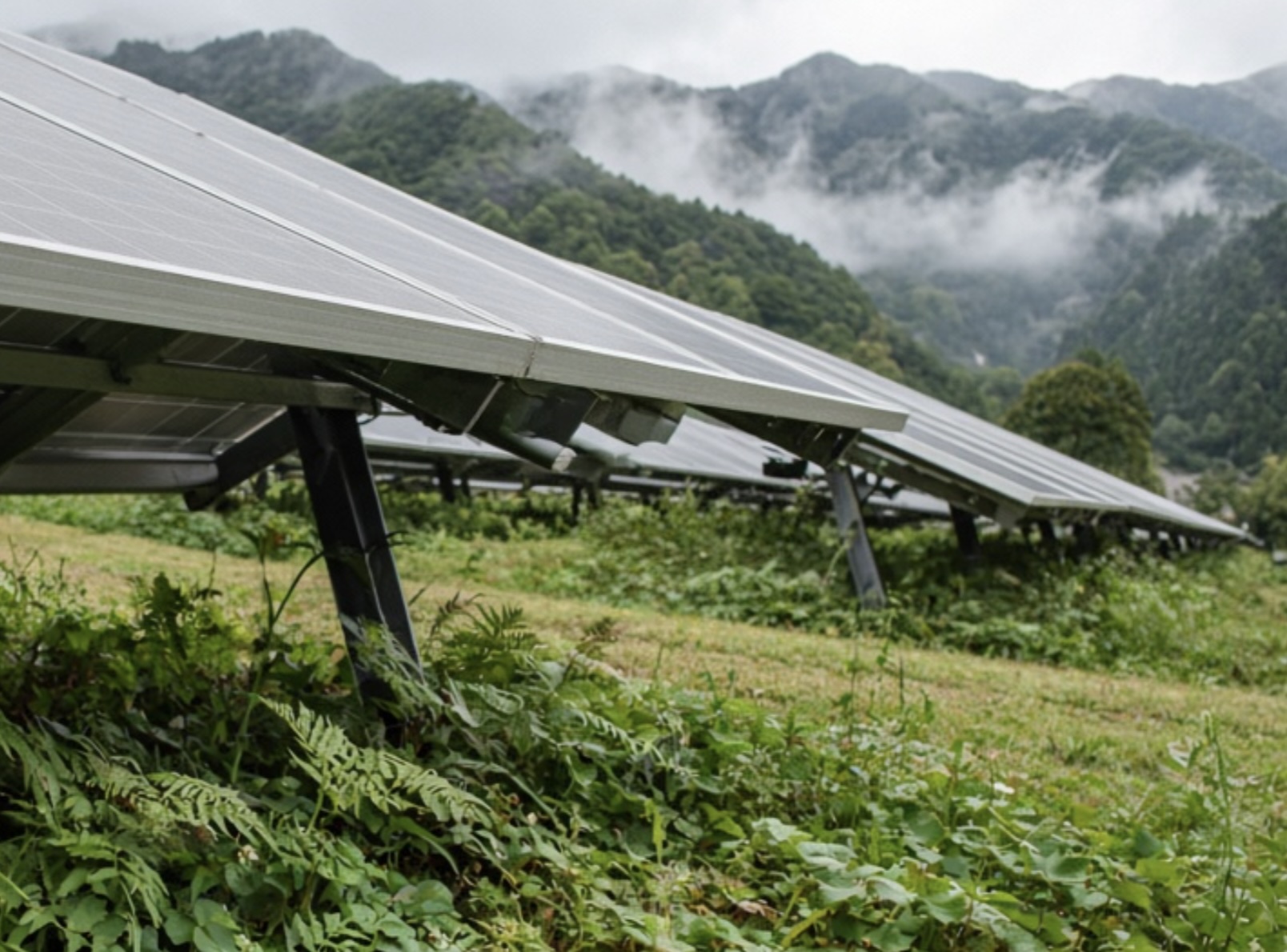 Solar panels on hillside with green native plants and ferns growing underneath in Japan