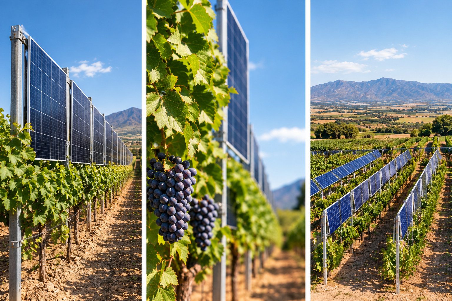 Solar panels installed vertically between rows of grapevines at Spanish vineyard