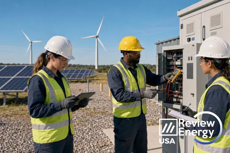 Wind and solar technicians working on renewable energy equipment in the field