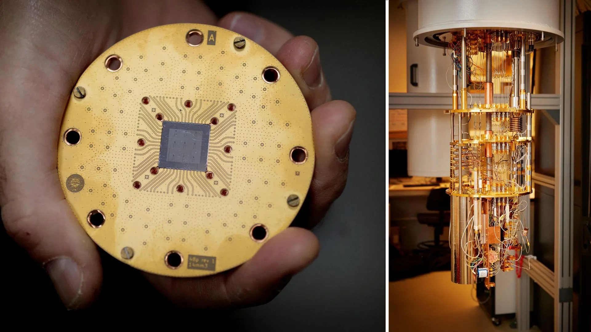 Glowing blue superconducting quantum computer circuit with microwave fields represented as light patterns
