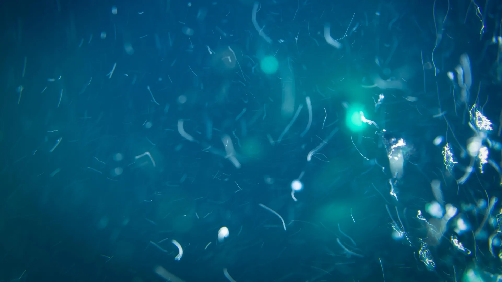 Microscopic marine snow particles sinking through deep blue ocean waters under extreme pressure