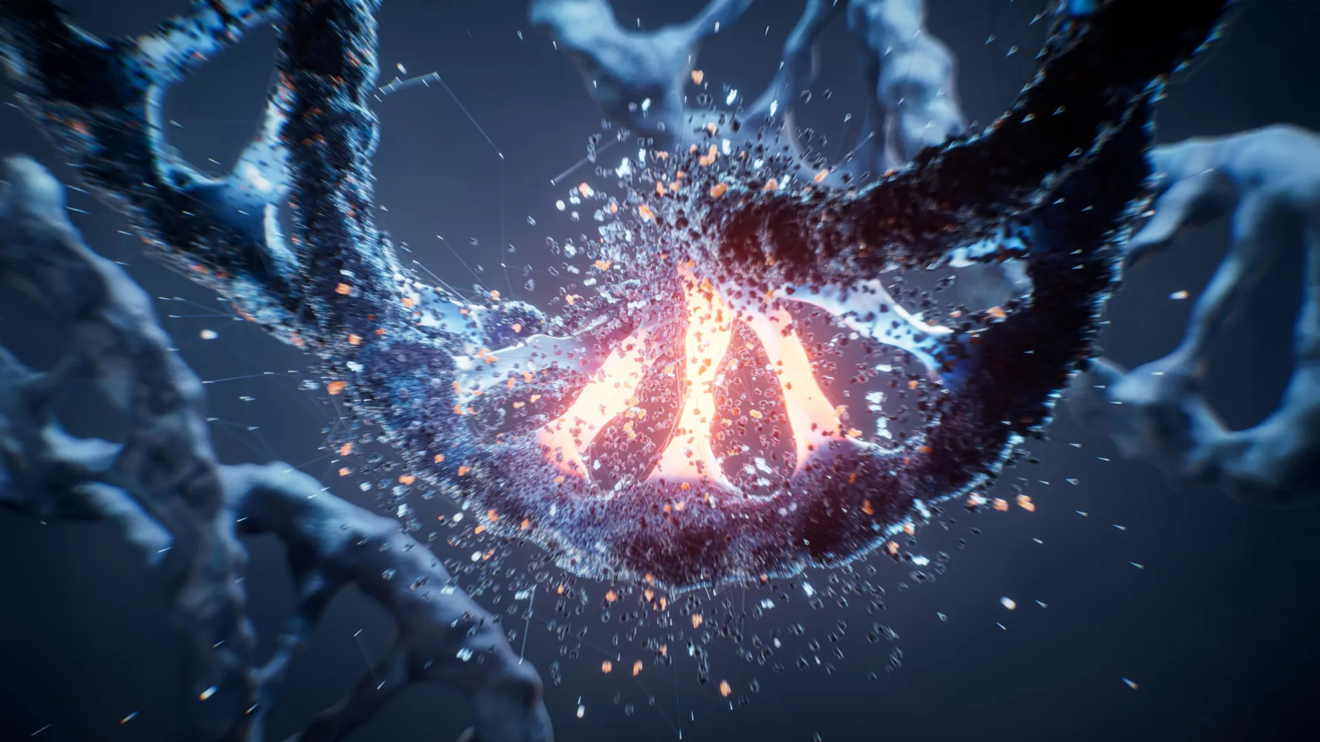 Scientist examining glowing DNA strands and genetic mutation data on laboratory screen