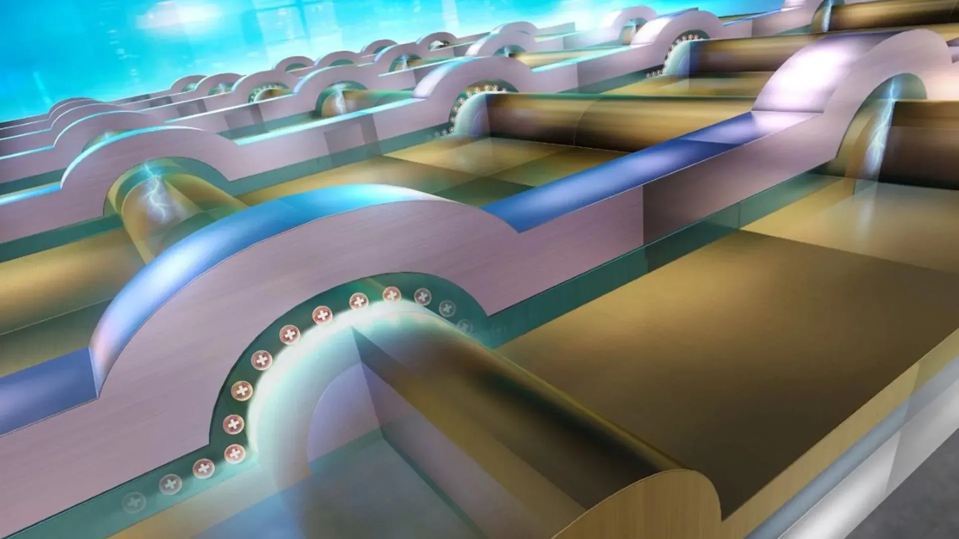 Microscopic view of tiny semicircular memory chip structure on silicon surface