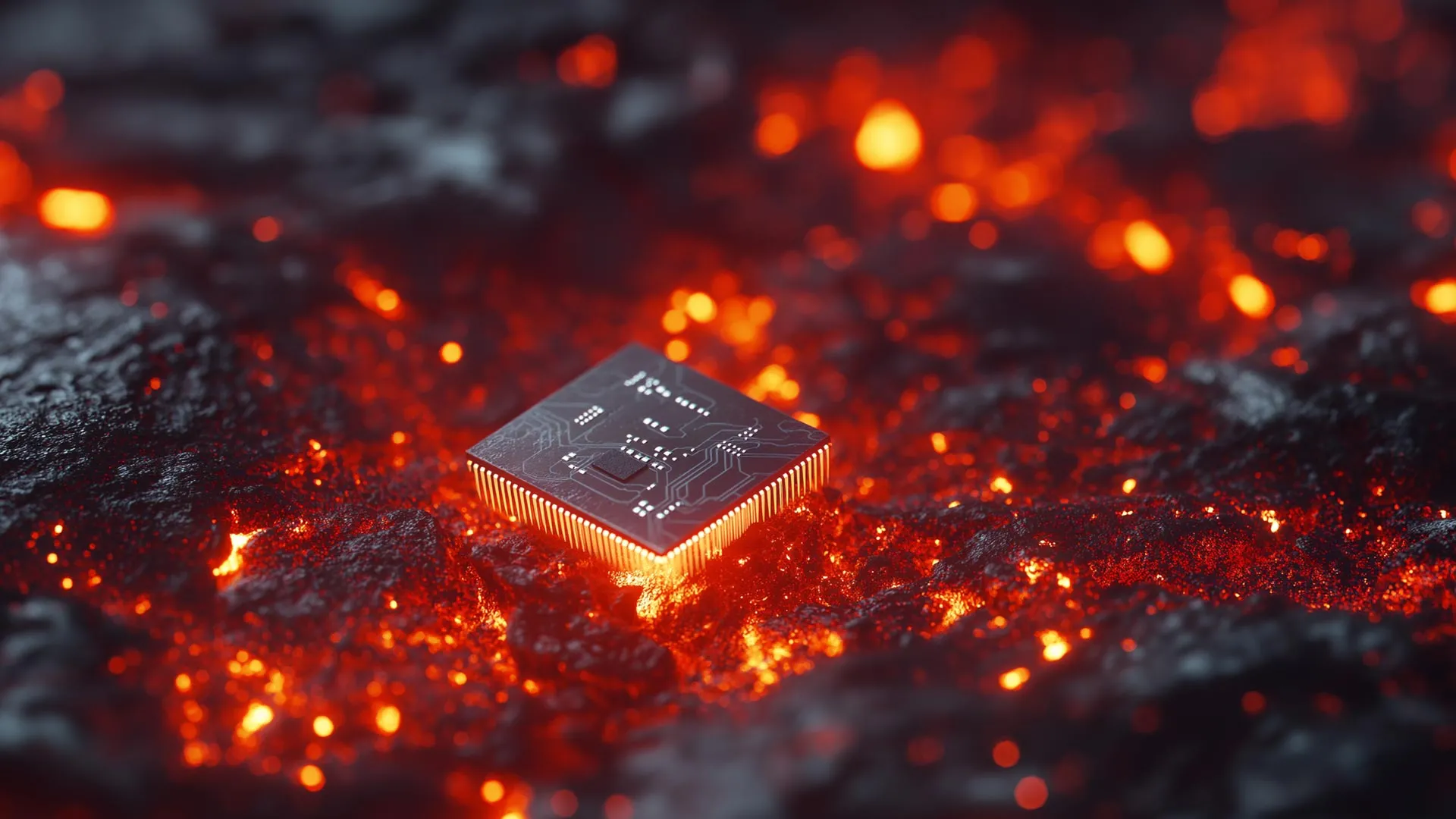 Microscopic layered memory chip glowing orange red from extreme heat in laboratory setting