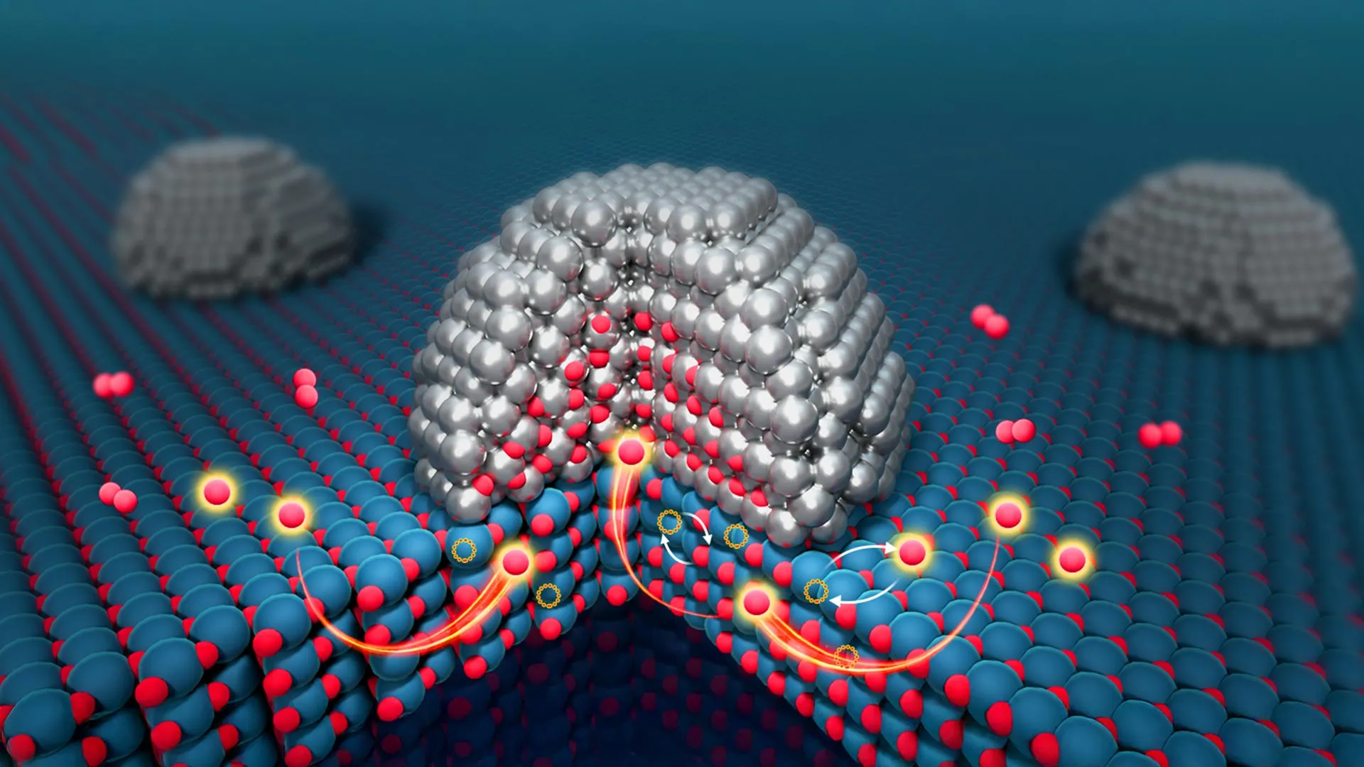 Microscopic illustration showing oxygen atoms flowing through the interior structure of a metal catalyst