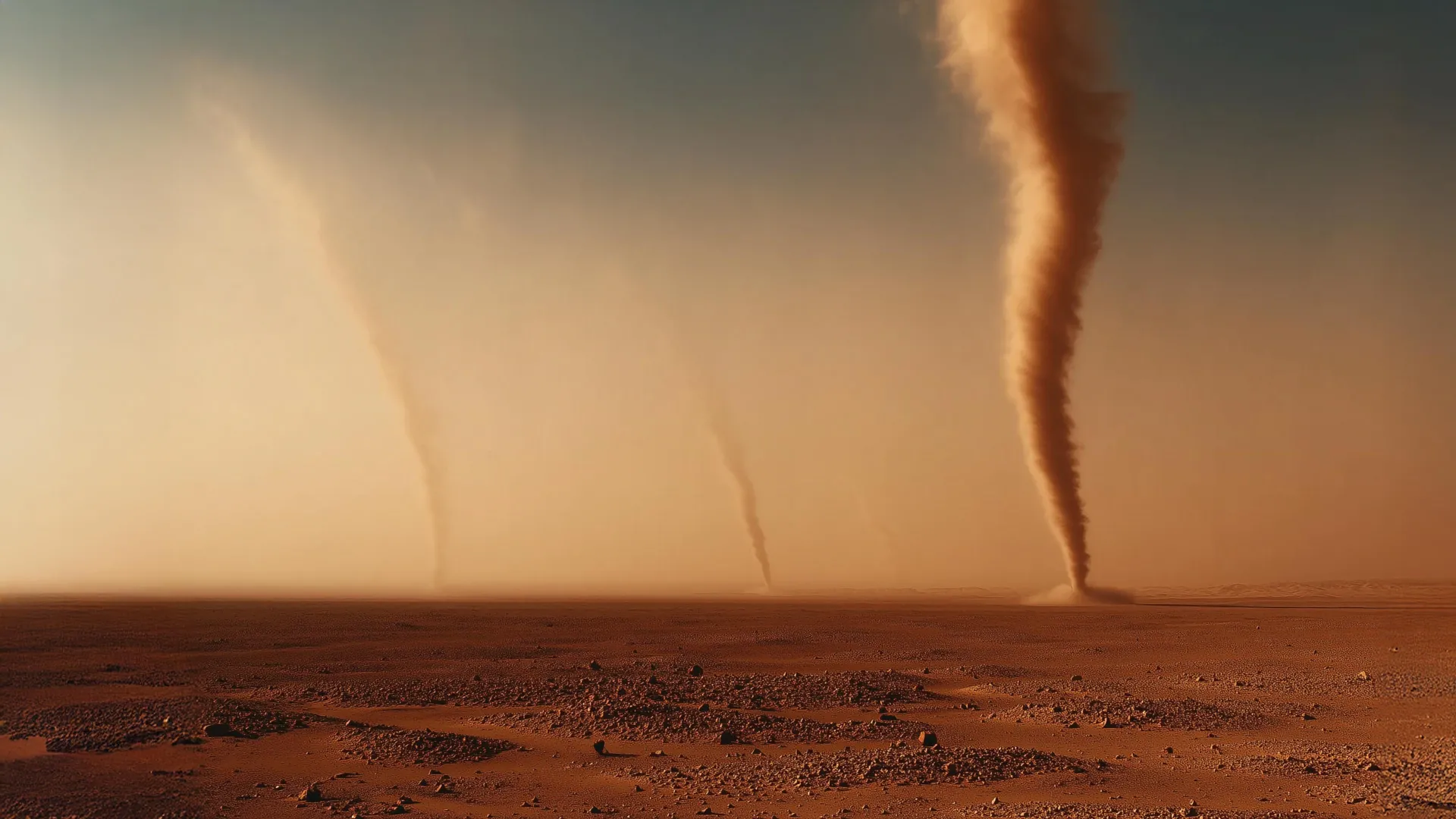 Mars surface with swirling dust storm showing faint electrical discharge effects in rusty atmosphere