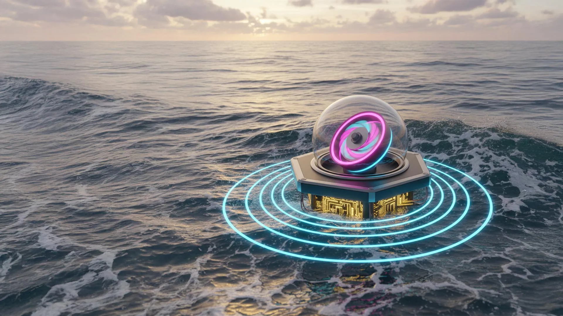 Floating platform with internal spinning gyroscope converting ocean wave motion into clean electricity