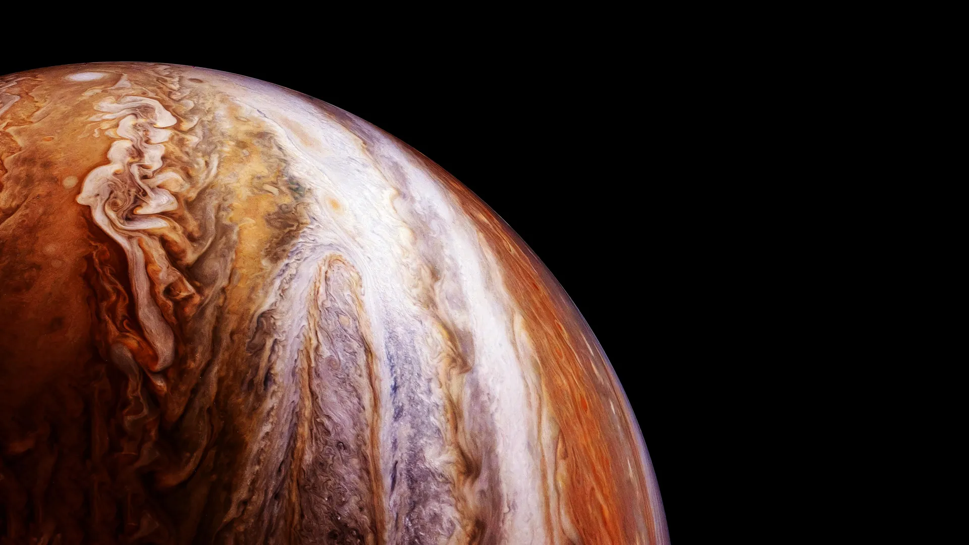 Artist's rendering of water ice clouds swirling across a distant Jupiter-like exoplanet's atmosphere