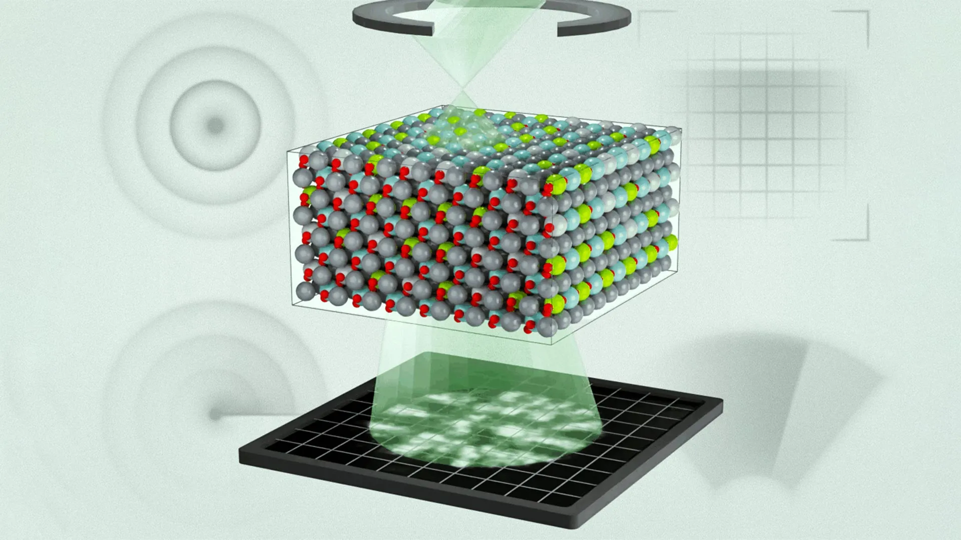 Electron microscope imaging showing nanoscale atomic structure of ferroelectric material with colored charge patterns