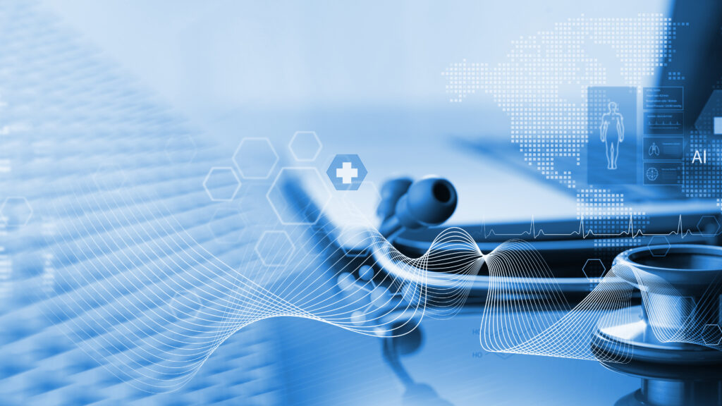 Doctor using tablet computer with AI interface to review patient medical records quickly