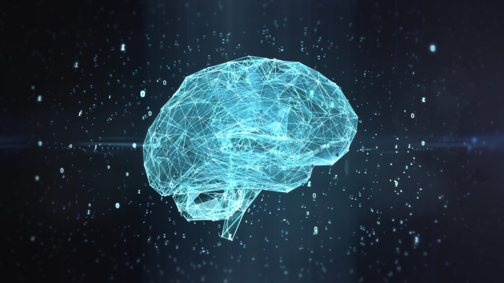 ** Researcher working at computer screen displaying scientific papers and molecular structures with AI analysis tools