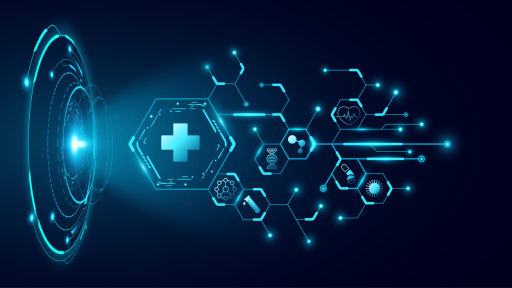 Digital healthcare interface showing artificial intelligence technology assisting with medical patient care management