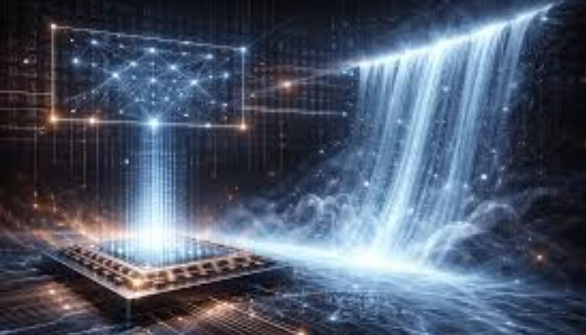 Abstract visualization of glowing qubits connected by neural network pathways representing AI-powered quantum computing