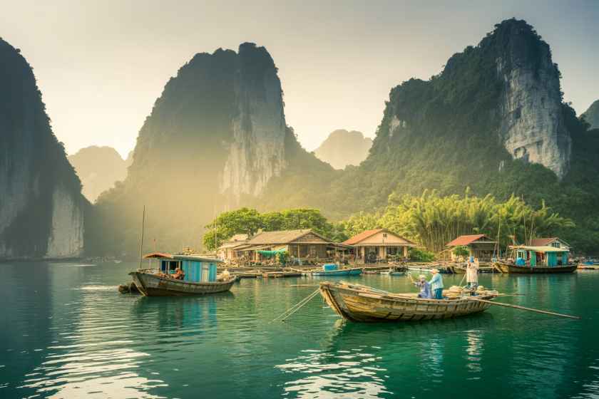 Tourists exploring scenic Halong Bay limestone karsts and emerald waters in Vietnam