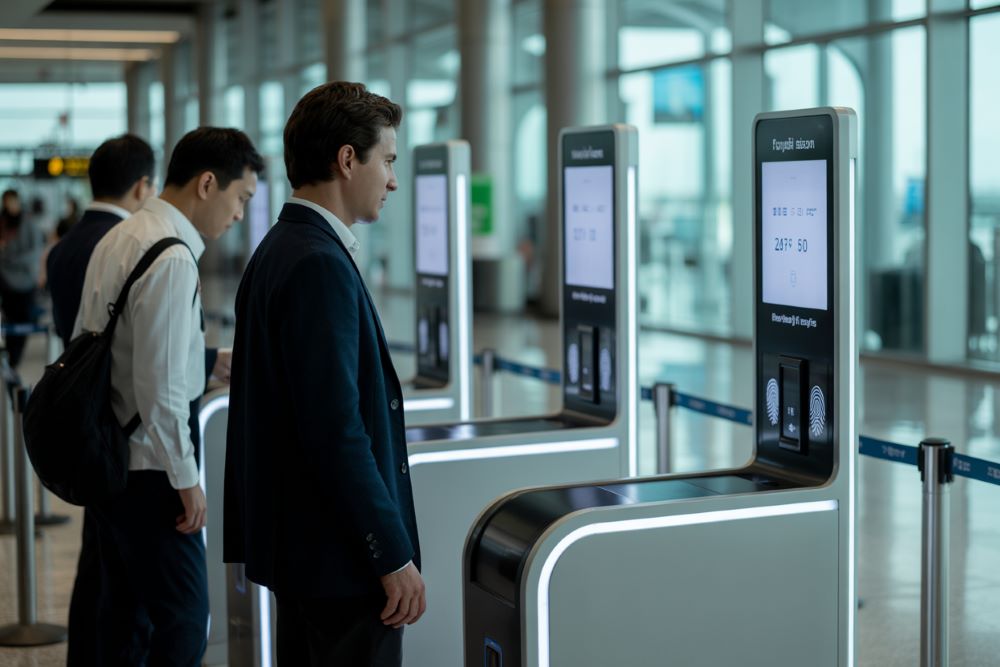Modern airport terminal with travelers walking freely through streamlined biometric checkpoint system
