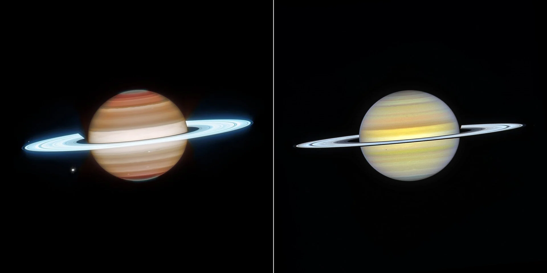 Side by side comparison showing Saturn in infrared and visible light from space telescopes