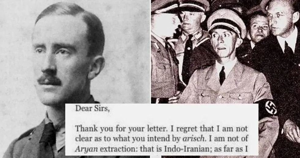 Black and white photo of J.R.R. Tolkien's 1938 letter to German publishers on aged paper