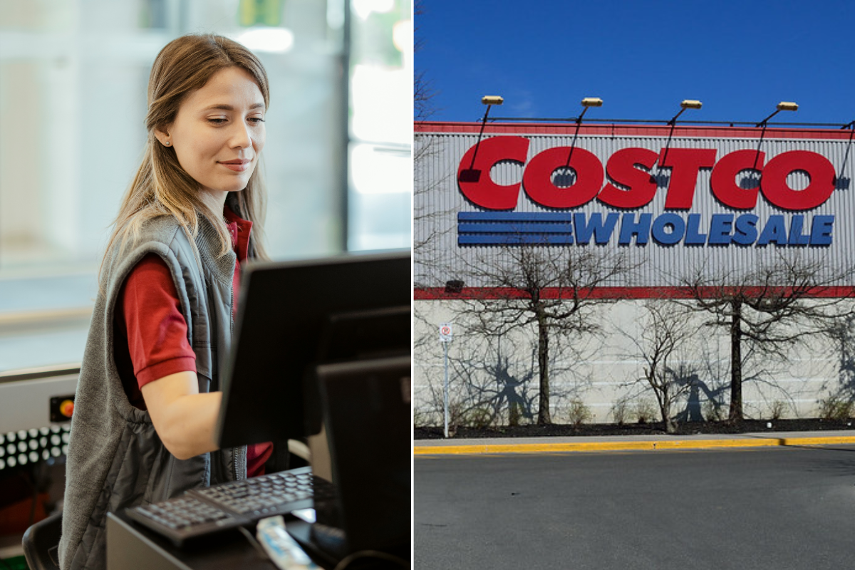 Young woman in Costco uniform smiling while working in the optical department