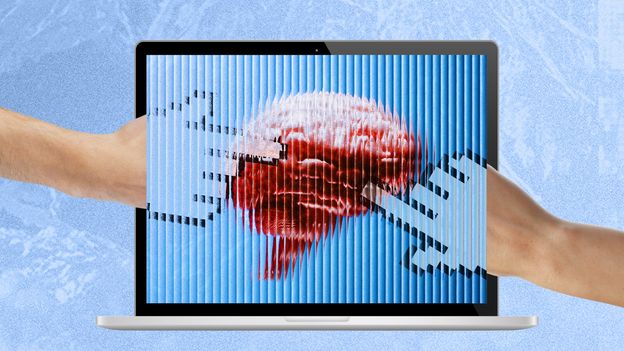 Person thoughtfully working at laptop with AI interface, balancing technology and human thinking
