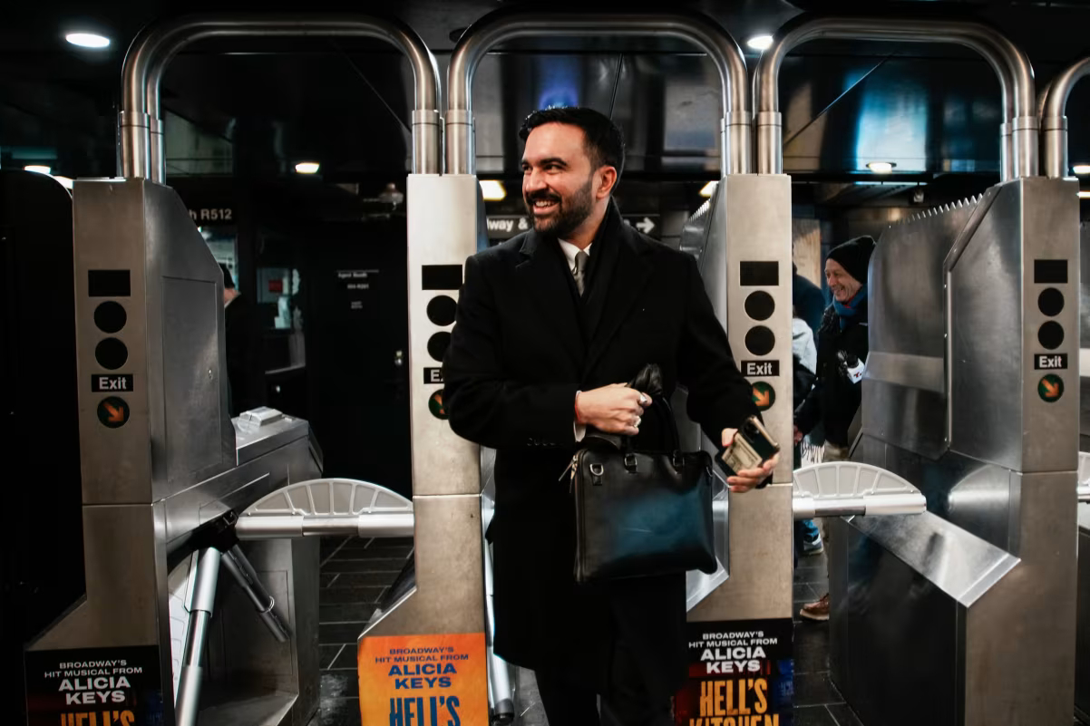 Mayor Zohran Mamdani arriving at Queens subway station heading to New York City Hall