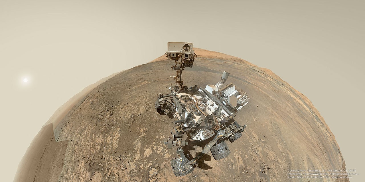 NASA Curiosity Rover selfie showing red Martian landscape at Vera Rubin Ridge with Mount Sharp in background
