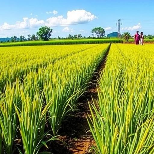 African farmer in rice paddy using water management techniques to reduce methane emissions