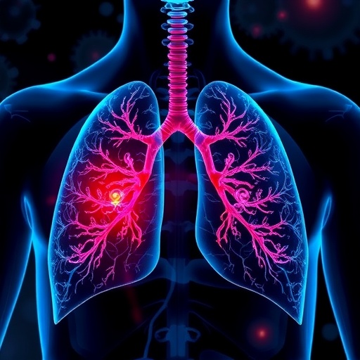 Microscopic view of lung tissue showing fibroblast cells surrounding a tumor boundary
