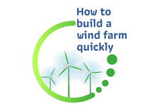 Wind turbines on green hillside with collaborative meeting of diverse professionals in foreground
