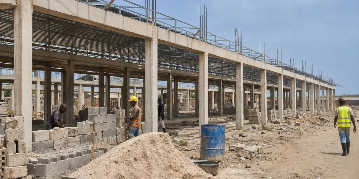 Construction workers building new community facilities in Ghana's Upper West Region
