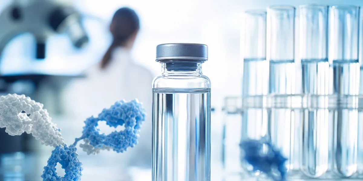 Scientists examining vaccine vials in modern biotechnology laboratory with medical research equipment