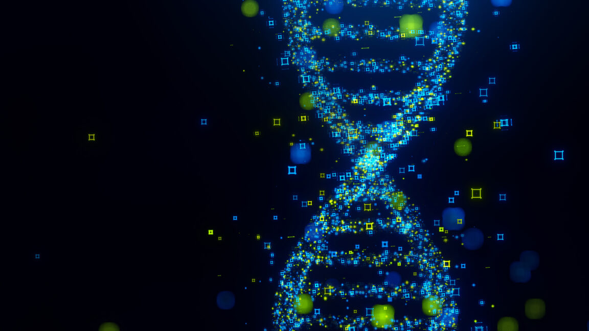 Computer screen displaying colorful DNA sequence patterns being analyzed by artificial intelligence software