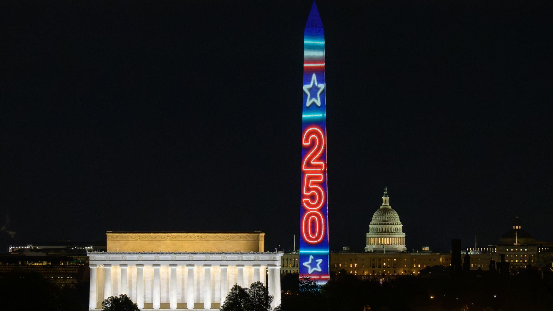 Washington Monument Lights Up for America's 250th Birthday