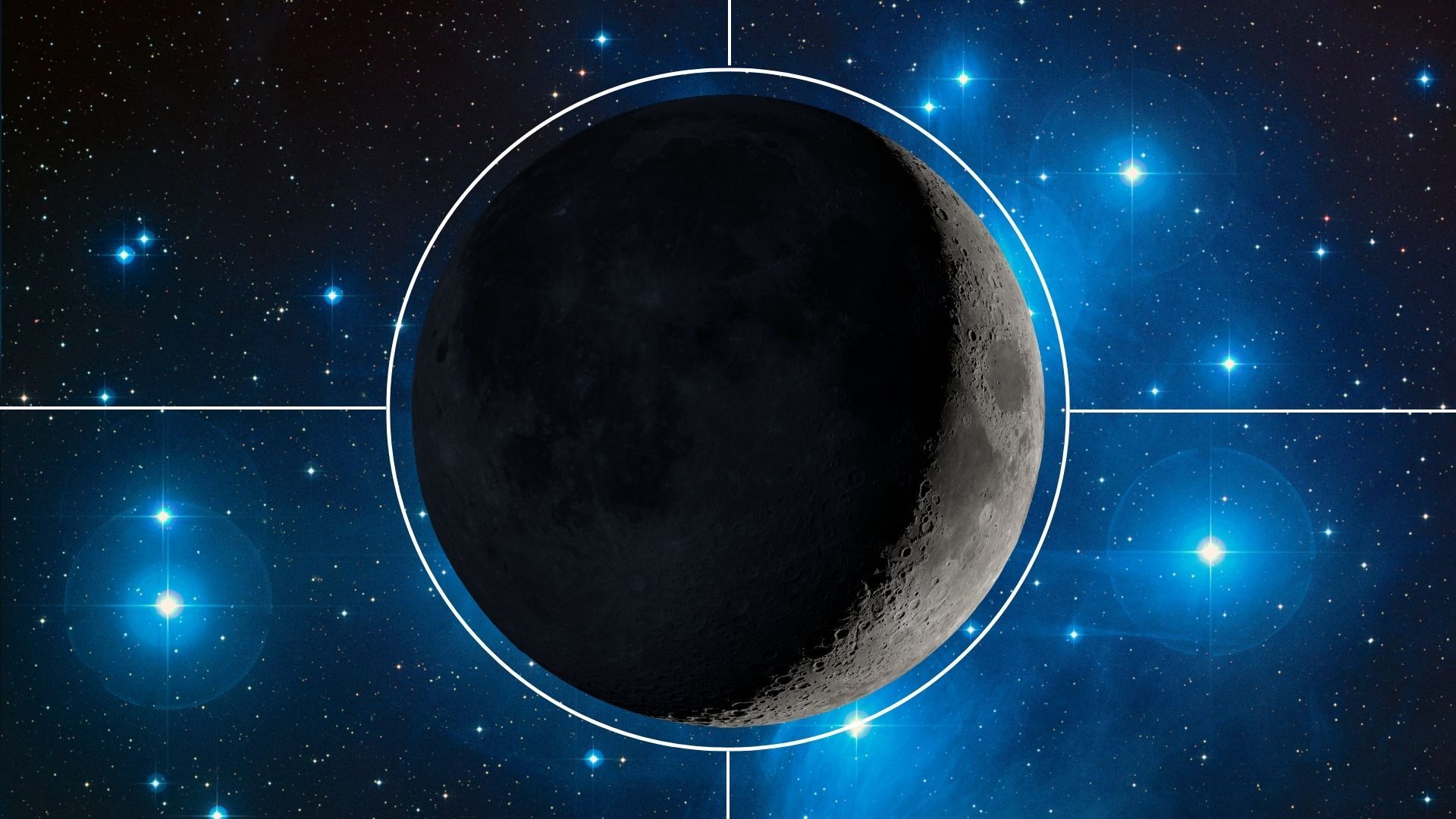 Crescent moon glowing near the bright blue-white stars of the Pleiades cluster