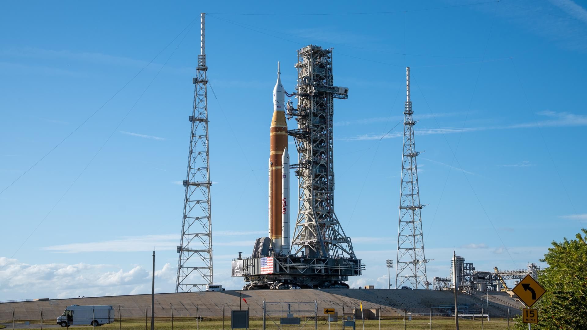 NASA's Artemis 2 Space Launch System rocket and Orion spacecraft on launch pad