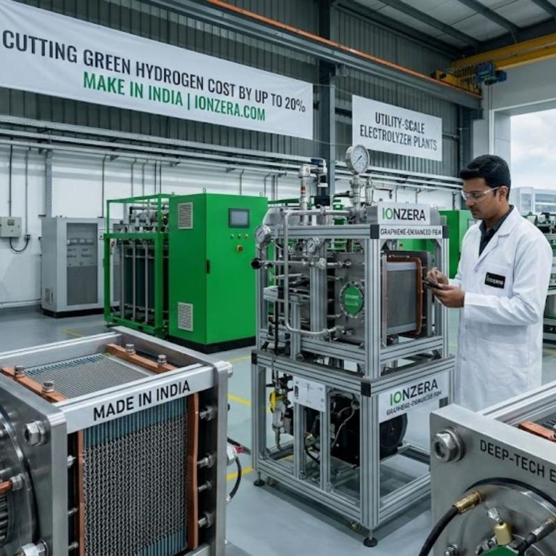 Modern electrolyzer equipment producing green hydrogen in industrial facility with graphene technology components