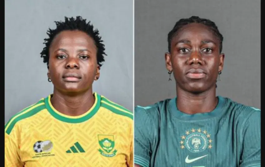 Nigerian Super Falcons women's football team players celebrating together on the field