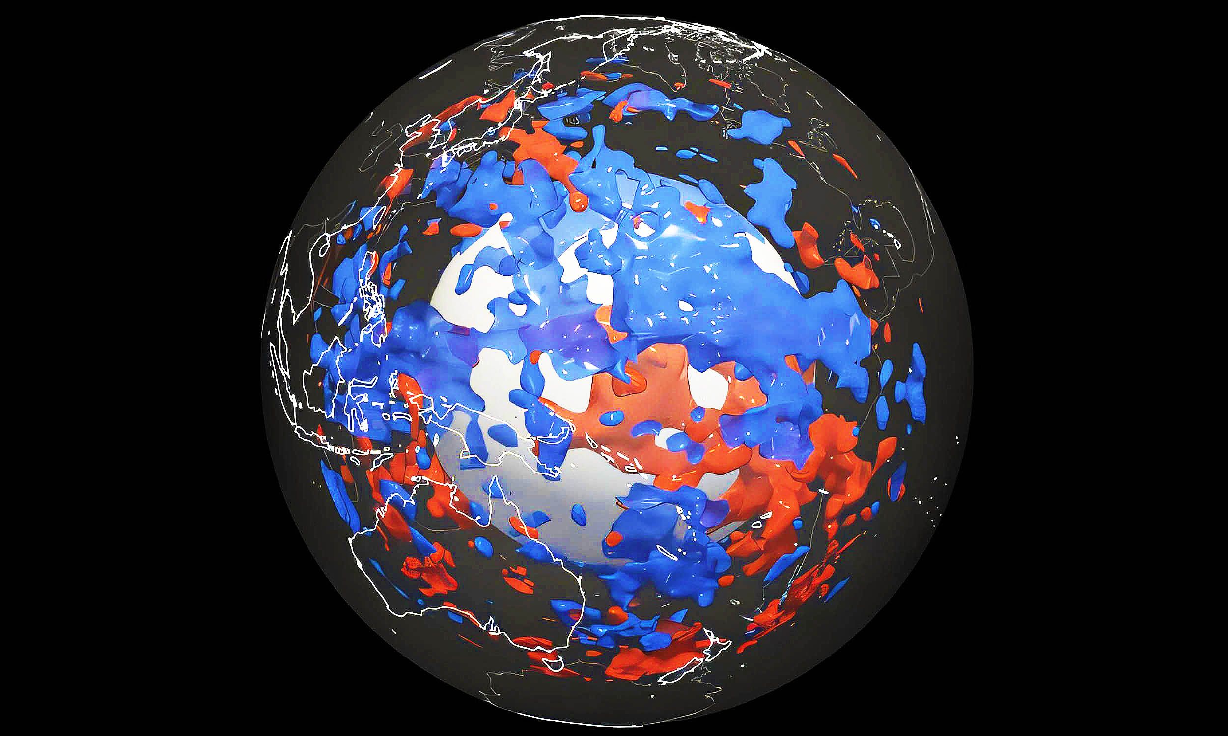 Scientific visualization showing seismic wave patterns revealing hidden structures deep beneath Pacific Ocean
